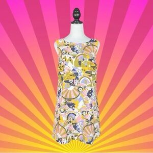 ModCloth Multicolored Retro Mod Psychedelic Print Linen Blend Shift Mini Dress M